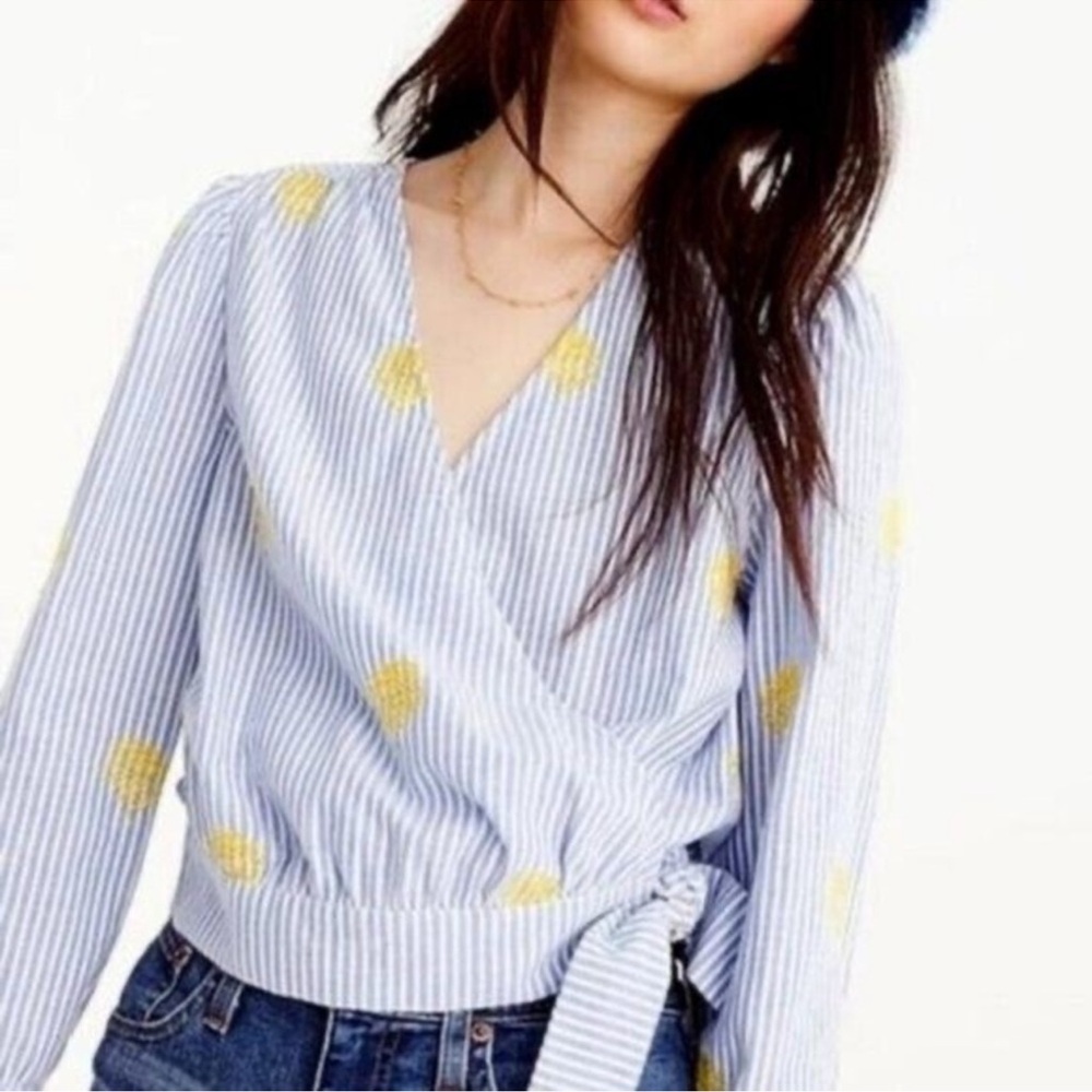 J. Crew blue/white striped pineapple embroidered wrap front cropped. Medium.